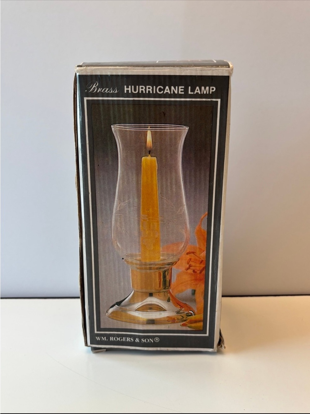 Vintage WM. Rogers & Son Solid Brass Hurricane Lamp with box. 7 1/2 inches